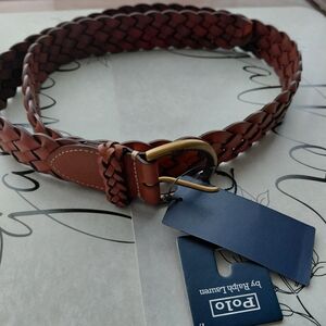 Polo by Ralph Lauren Braided Leather Belt - Chestnut Brown with Brass Buckle